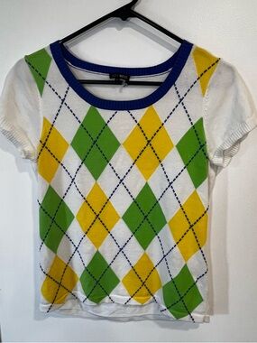 600 West White Short Sleeve Argyle Tee with Green & Yellow Diamonds